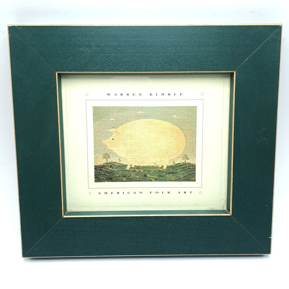 Warren Kimble Folk‎ Art Pig Print Framed 10x9" Green Gold Mat Farmhouse Decor